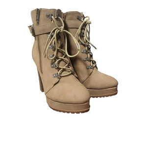 Justfab new tan platform block heel booties with zip/lace up, size US 9